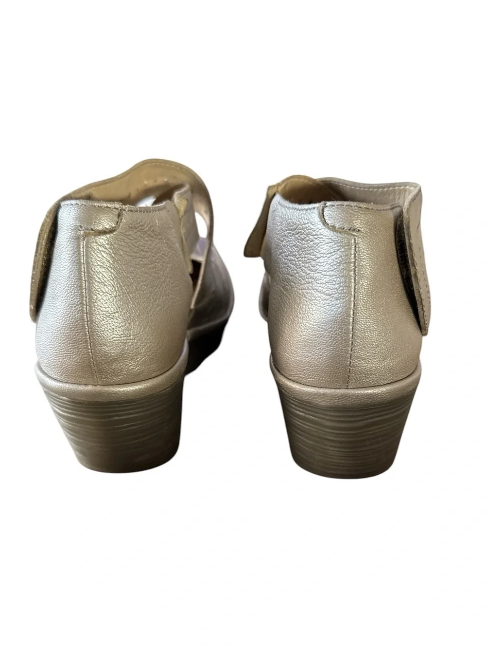 FLY London Yepe Metallic Champagne Wedge Crisscross Mary Jane Shoes Size EU 38